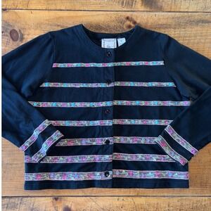 Michael Simon Lite Womens Cardigan Long Sleeve Button Down‎ Flowers Embroidery M